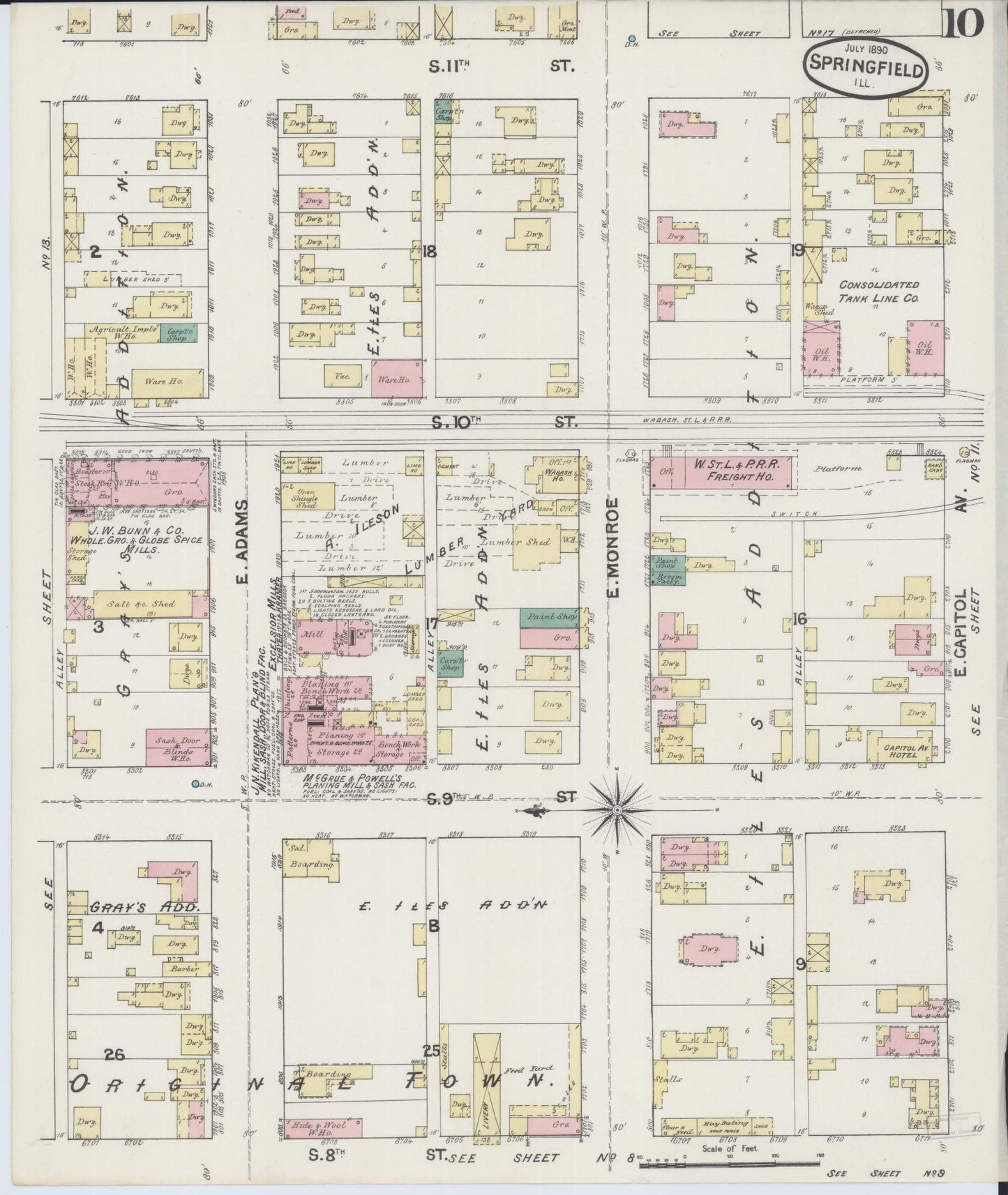Sanborn Fire Insurance Map from Springfield, Sangamon County, Illinois (1890), Sheet #0010 - Historic Sanborn Fire Insurance Map Print, vintage old map wall art, antique decor, genealogy gift, Illinois Illinois map