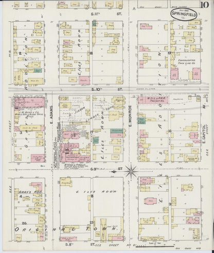 Sanborn Fire Insurance Map from Springfield, Sangamon County, Illinois (1890), Sheet #0010 - Historic Sanborn Fire Insurance Map Print, vintage old map wall art, antique decor, genealogy gift, Illinois Illinois map