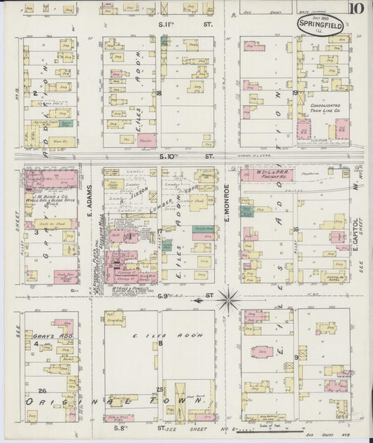 Sanborn Fire Insurance Map from Springfield, Sangamon County, Illinois (1890), Sheet #0010 - Historic Sanborn Fire Insurance Map Print, vintage old map wall art, antique decor, genealogy gift, Illinois Illinois map
