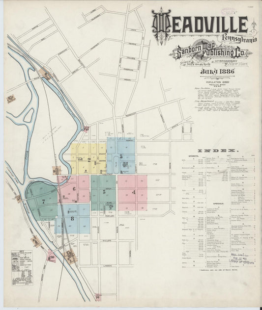 Sanborn Fire Insurance Map from Meadville, Crawford County, Pennsylvania (1886), Sheet #0001 - Complete Map Set gallery image, historic Sanborn map, vintage wall art, Pennsylvania Pennsylvania