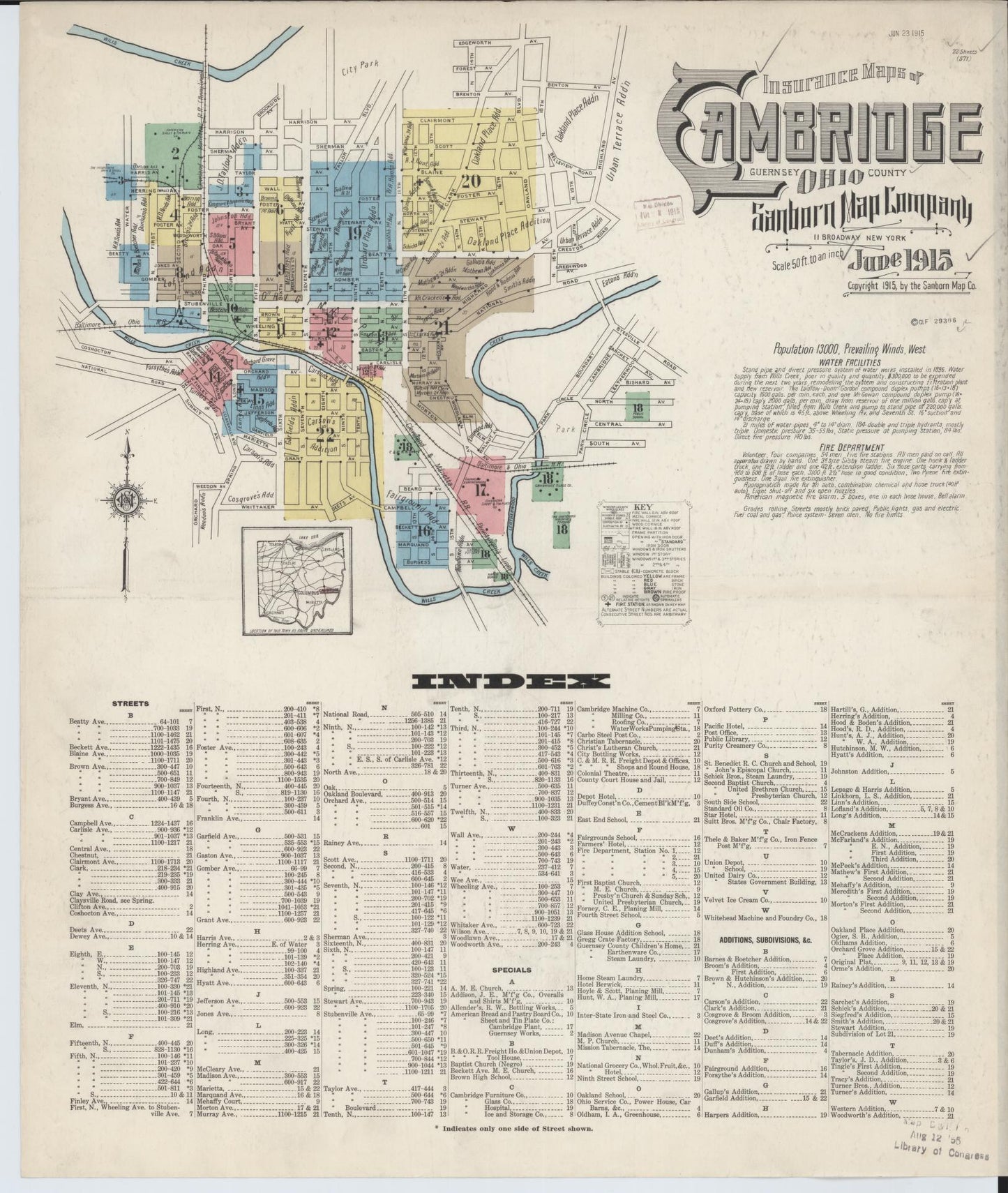 Sanborn Fire Insurance Map from Cambridge, Guernsey County, Ohio (1915), Sheet #0001 - Historic Sanborn Fire Insurance Map Print, vintage old map wall art, antique decor, genealogy gift, Ohio Ohio map
