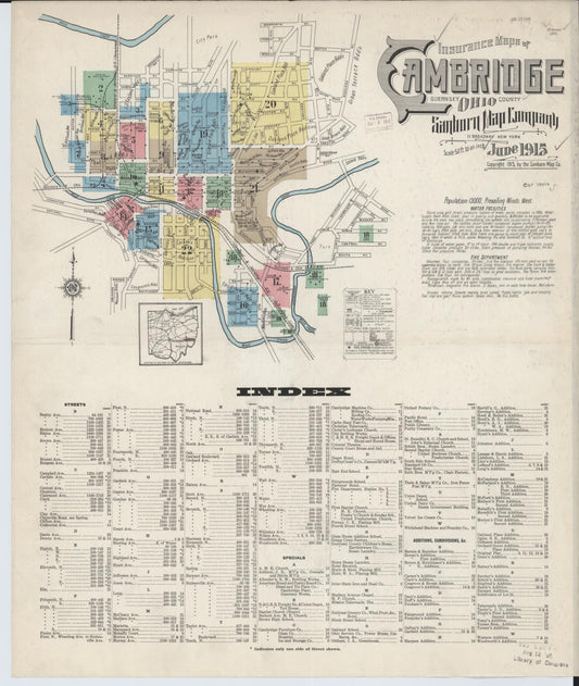 Sanborn Fire Insurance Map from Cambridge, Guernsey County, Ohio (1915), Sheet #0001 - Historic Sanborn Fire Insurance Map Print, vintage old map wall art, antique decor, genealogy gift, Ohio Ohio map