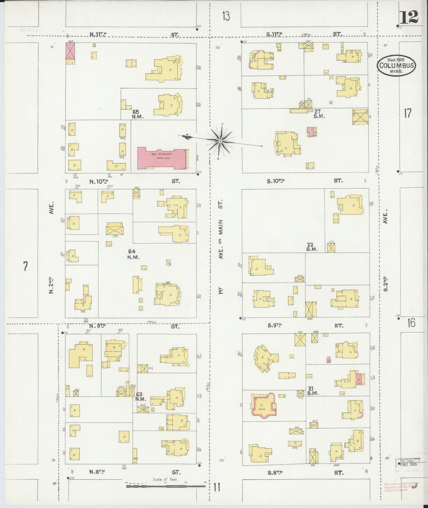 Sanborn Fire Insurance Map from Columbus, Lowndes County, Mississippi (1905), Sheet #0012 - Complete Map Set gallery image, historic Sanborn map, vintage wall art, Mississippi Mississippi