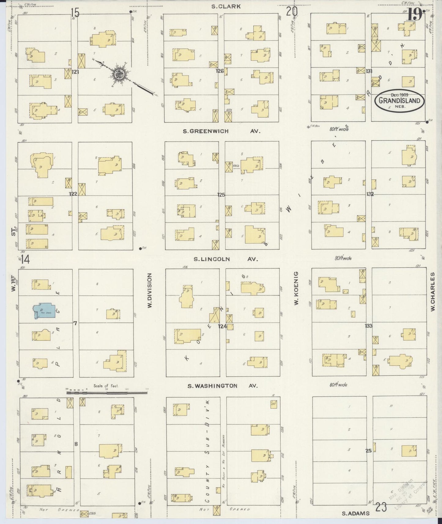 Sanborn Fire Insurance Map from Grand Island, Hall County, Nebraska (1909), Sheet #0019 - Complete Map Set gallery image, historic Sanborn map, vintage wall art, Nebraska Nebraska