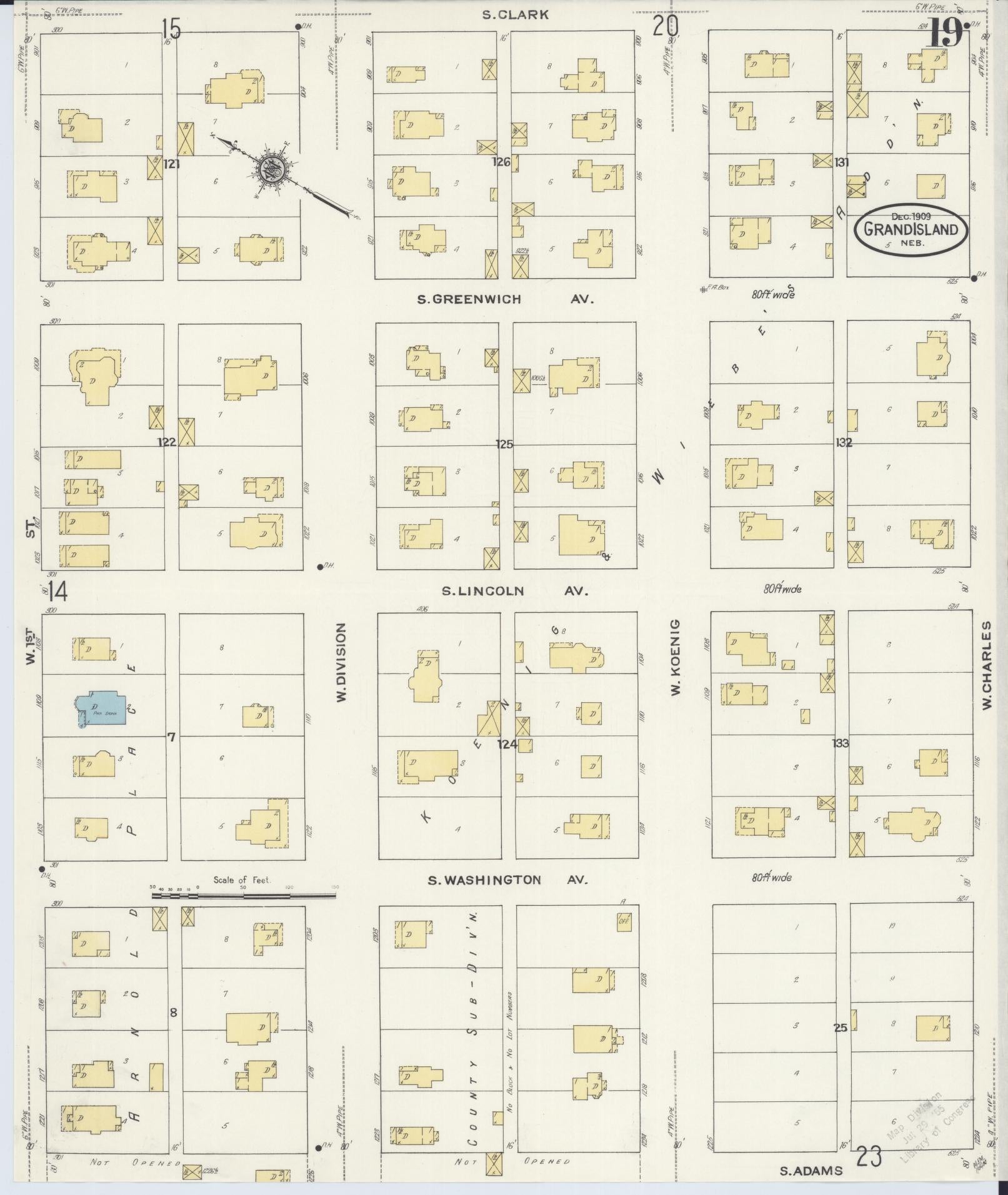 Sanborn Fire Insurance Map from Grand Island, Hall County, Nebraska (1909), Sheet #0019 - Complete Map Set gallery image, historic Sanborn map, vintage wall art, Nebraska Nebraska