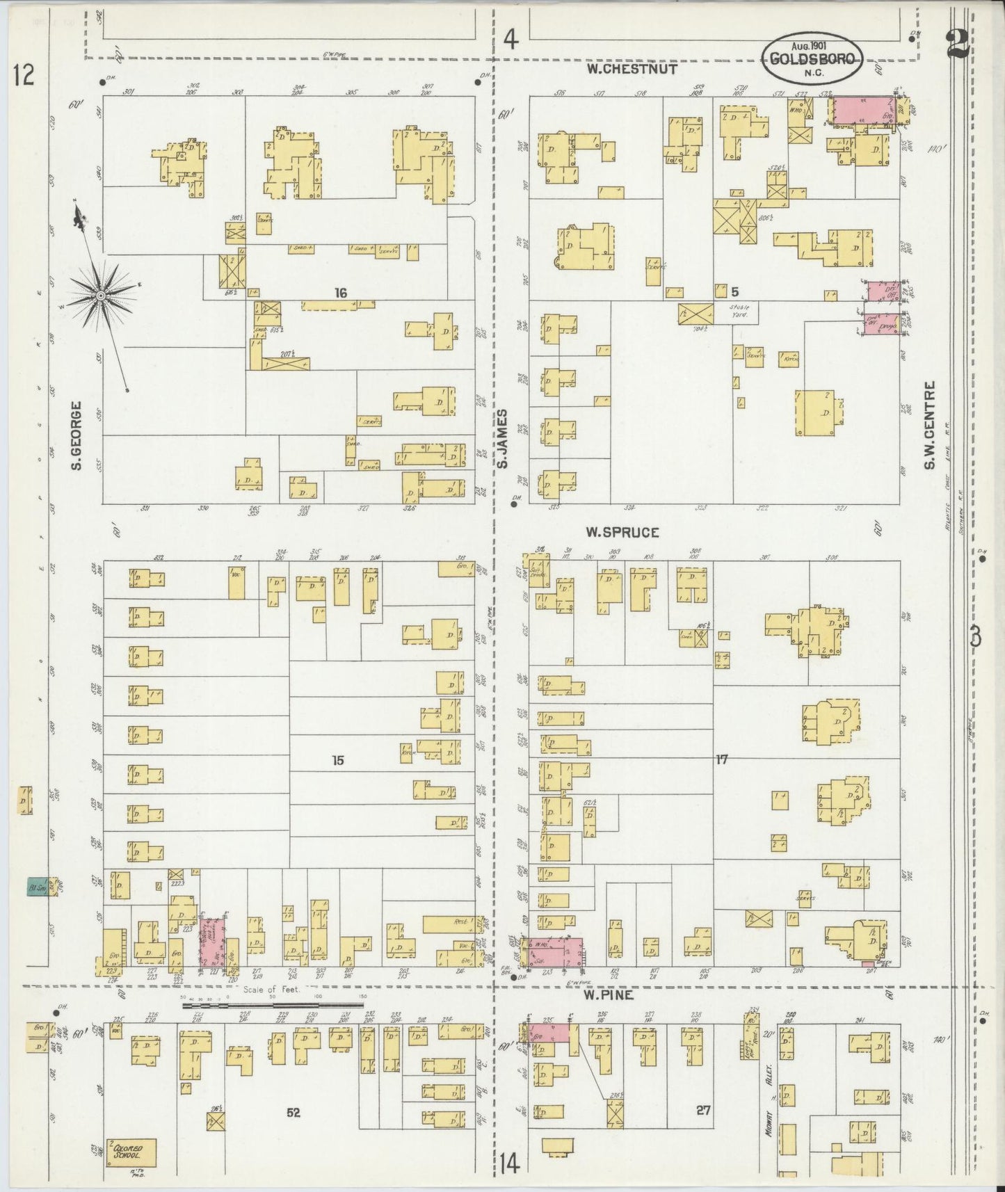 Sanborn Fire Insurance Map from Goldsboro, Wayne County, North Carolina (1901), Sheet #0002 - Complete Map Set gallery image, historic Sanborn map, vintage wall art, North Carolina North Carolina