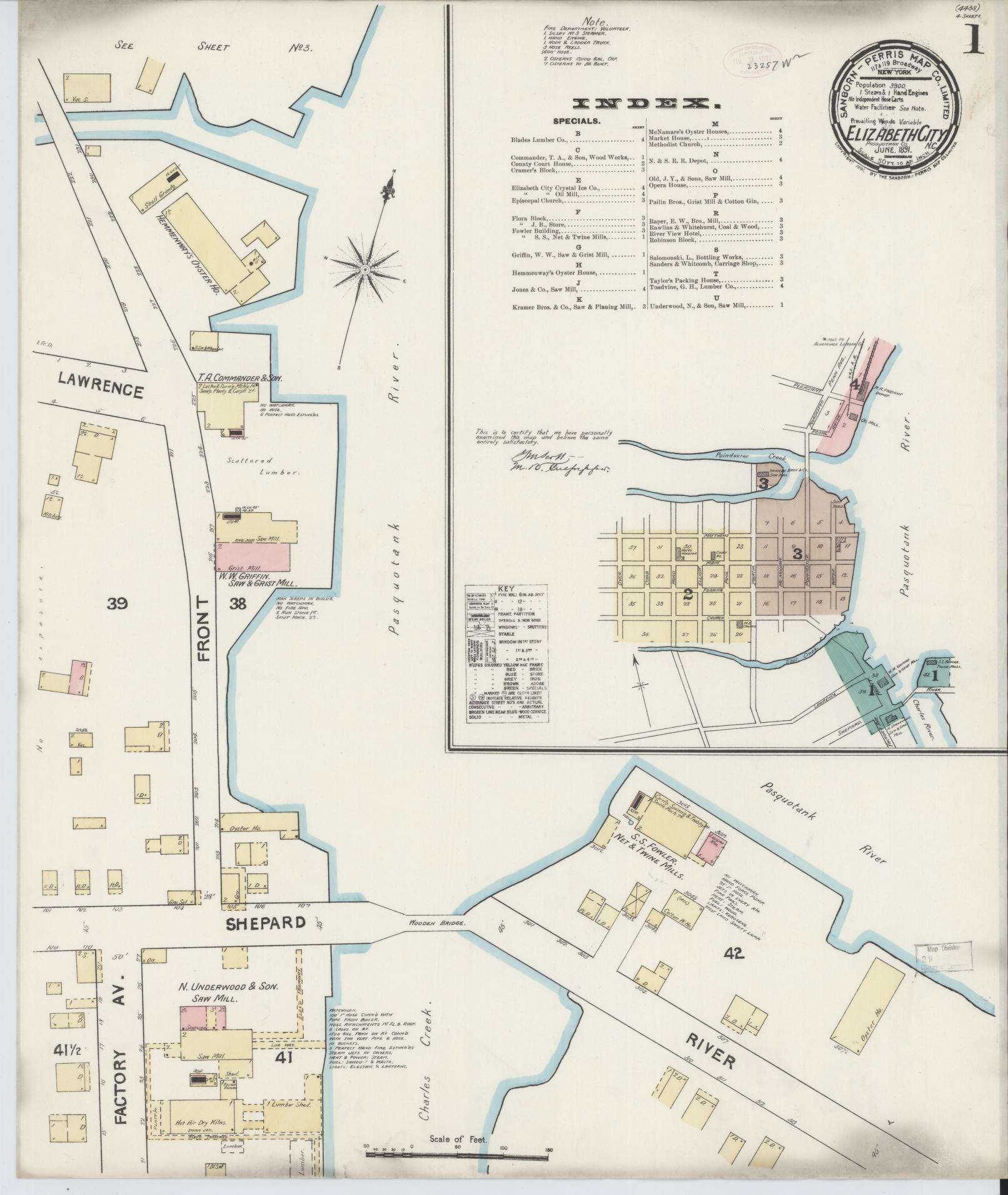 Sanborn Fire Insurance Map from Elizabeth City, Pasquotank County, North Carolina (1891), Sheet #0001 - Complete Map Set gallery image, historic Sanborn map, vintage wall art, North Carolina North Carolina