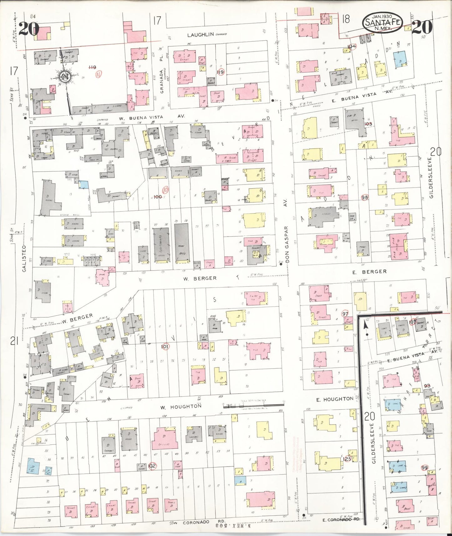 Sanborn Fire Insurance Map from Santa Fe, Santa Fe County, New Mexico (1948), Sheet #0020 - Historic Sanborn Fire Insurance Map Print, vintage old map wall art, antique decor, genealogy gift, New Mexico New Mexico map