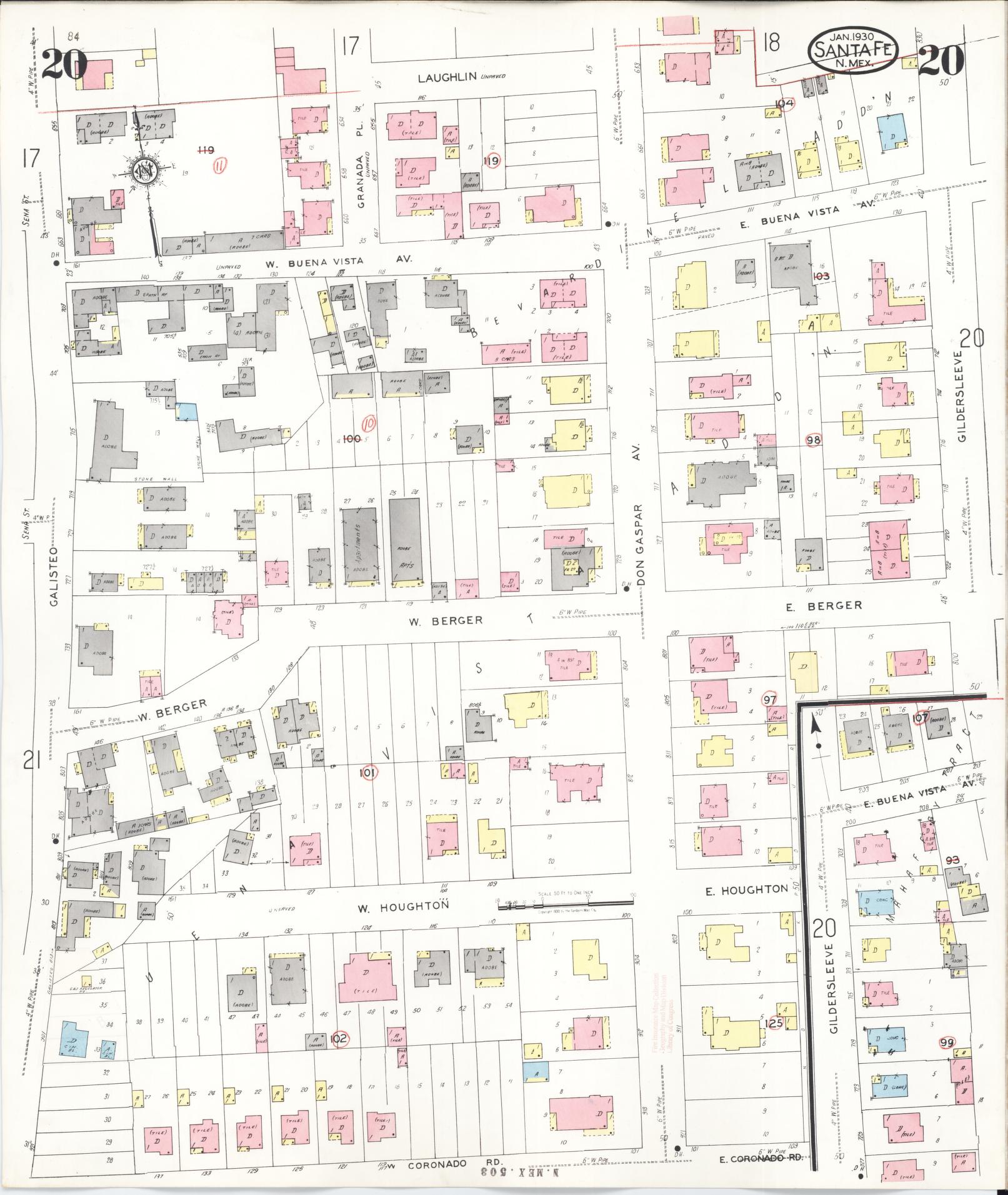 Sanborn Fire Insurance Map from Santa Fe, Santa Fe County, New Mexico (1948), Sheet #0020 - Historic Sanborn Fire Insurance Map Print, vintage old map wall art, antique decor, genealogy gift, New Mexico New Mexico map