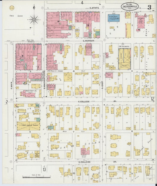 Sanborn Fire Insurance Map from Jacksonville, Morgan County, Illinois (1905), Sheet #0003 - Historic Sanborn Fire Insurance Map Print, vintage old map wall art, antique decor, genealogy gift, Illinois Illinois map