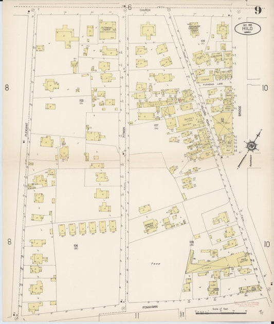Sanborn Fire Insurance Map from Hilo, Hawaii County, Hawaii (1914), Sheet #0009 - Historic Sanborn Fire Insurance Map Print, vintage old map wall art