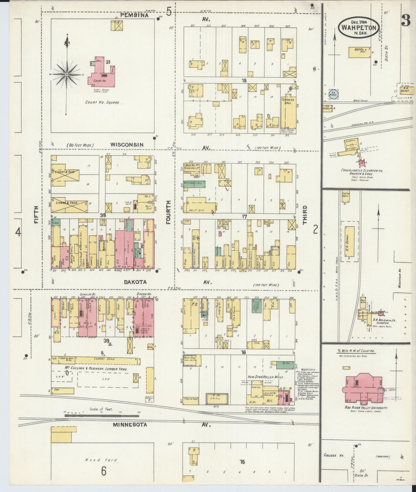 Sanborn Fire Insurance Map from Wahpeton, Richland County, North Dakota (1904), Sheet #0003 - Historic Sanborn Fire Insurance Map Print, vintage old map wall art, antique decor, genealogy gift, North Dakota North Dakota map