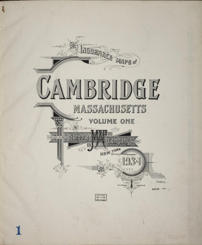 Sanborn Fire Insurance Map from Cambridge, Middlesex County, Massachusetts (1934), Sheet #0001 - Historic Sanborn Fire Insurance Map Print, vintage old map wall art, antique decor, genealogy gift, Massachusetts Massachusetts map