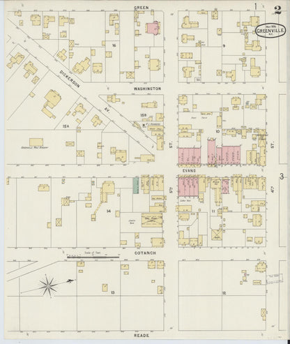 Sanborn Fire Insurance Map from Greenville, Pitt County, North Carolina (1896), Sheet #0002 - Complete Map Set gallery image, historic Sanborn map, vintage wall art, North Carolina North Carolina