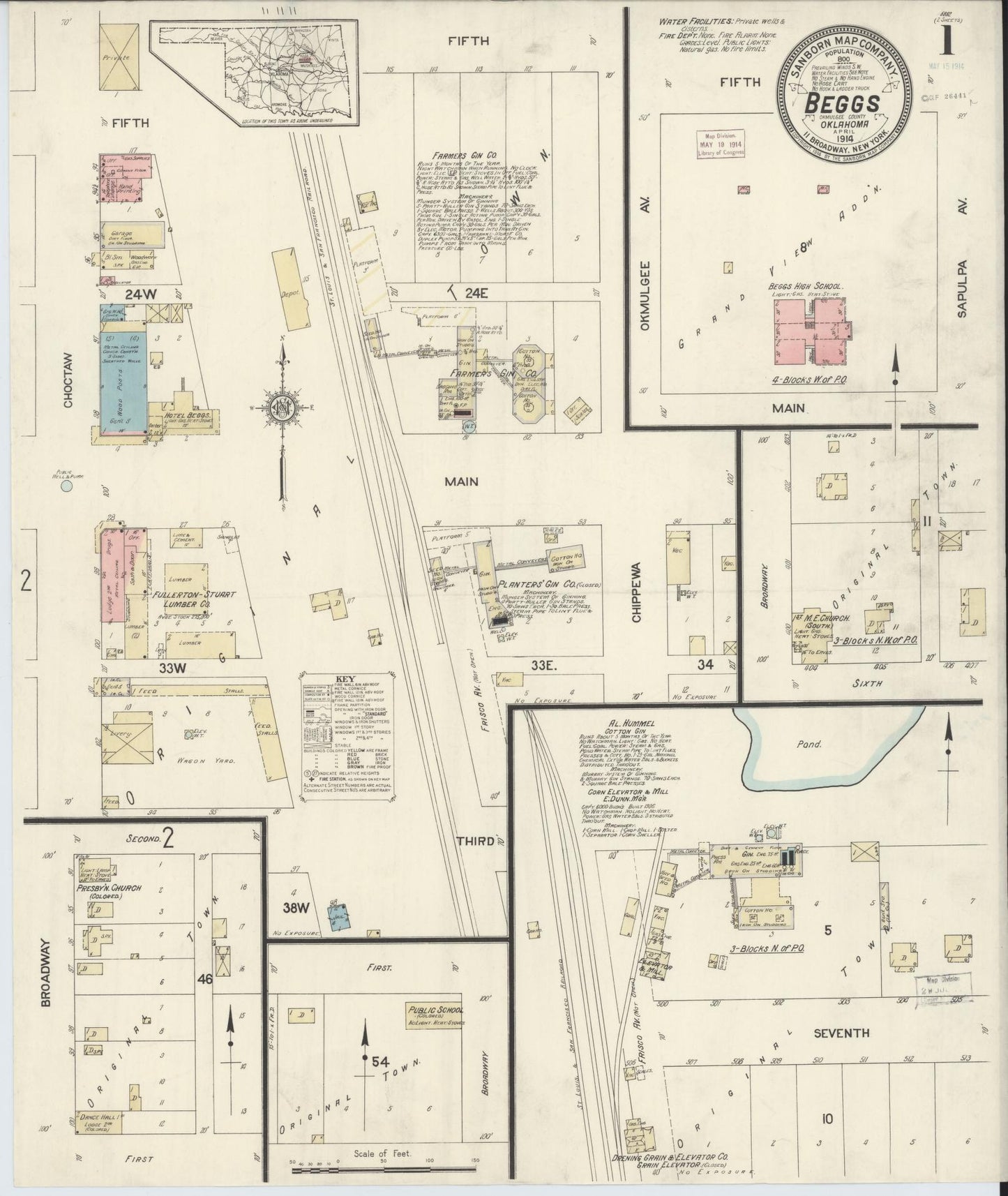 Sanborn Fire Insurance Map from Beggs, Okmulgee County, Oklahoma (1914), Sheet #0001 - Historic Sanborn Fire Insurance Map Print, vintage old map wall art, antique decor, genealogy gift, Oklahoma Oklahoma map