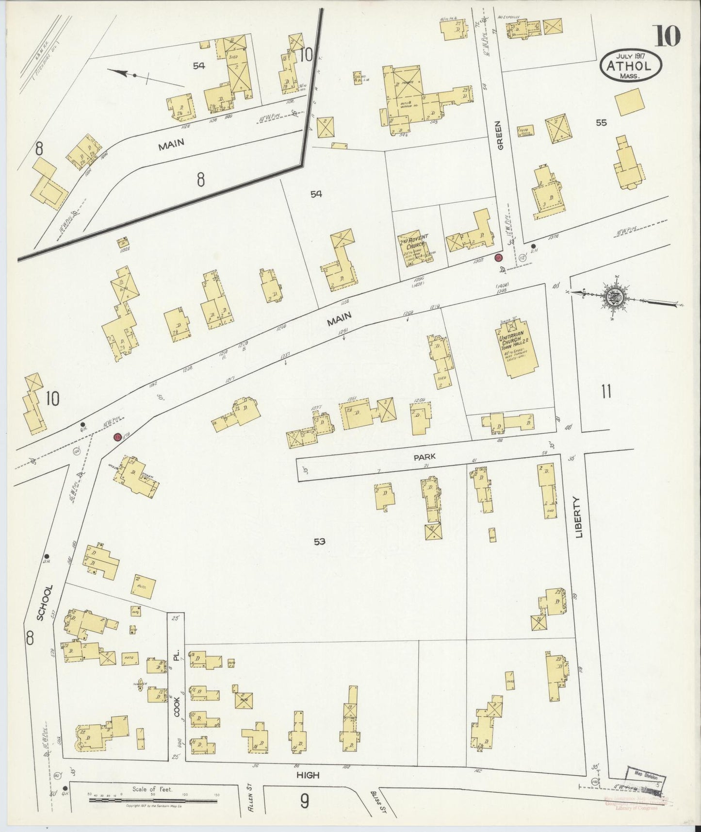 Sanborn Fire Insurance Map from Athol, Worcester County, Massachusetts (1917), Sheet #0010 - Historic Sanborn Fire Insurance Map Print, vintage old map wall art, antique decor, genealogy gift, Massachusetts Massachusetts map