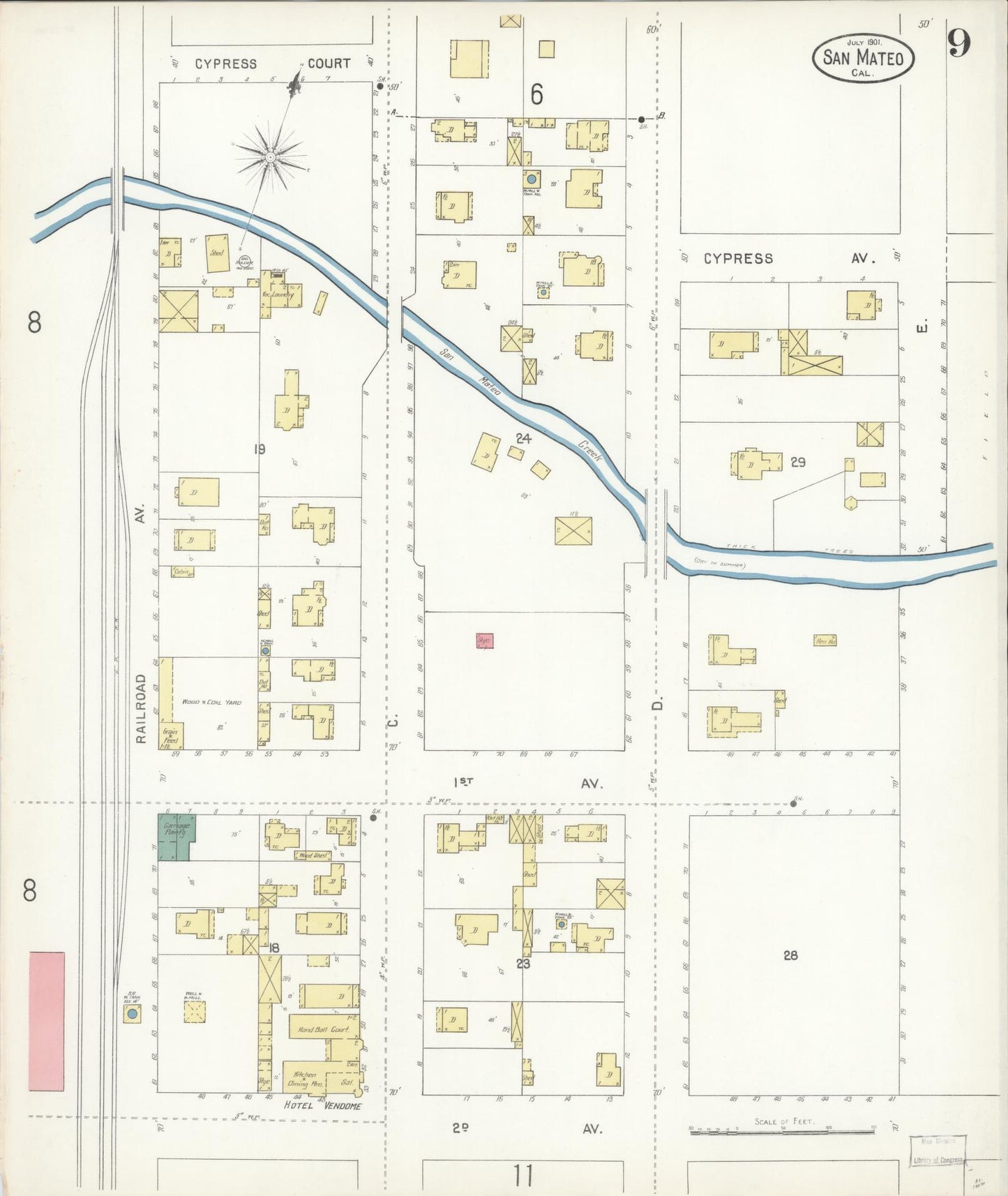 Sanborn Fire Insurance Map from San Mateo, San Mateo County, California (1901), Sheet #0009 - Complete Map Set gallery image, historic Sanborn map, vintage wall art, California California