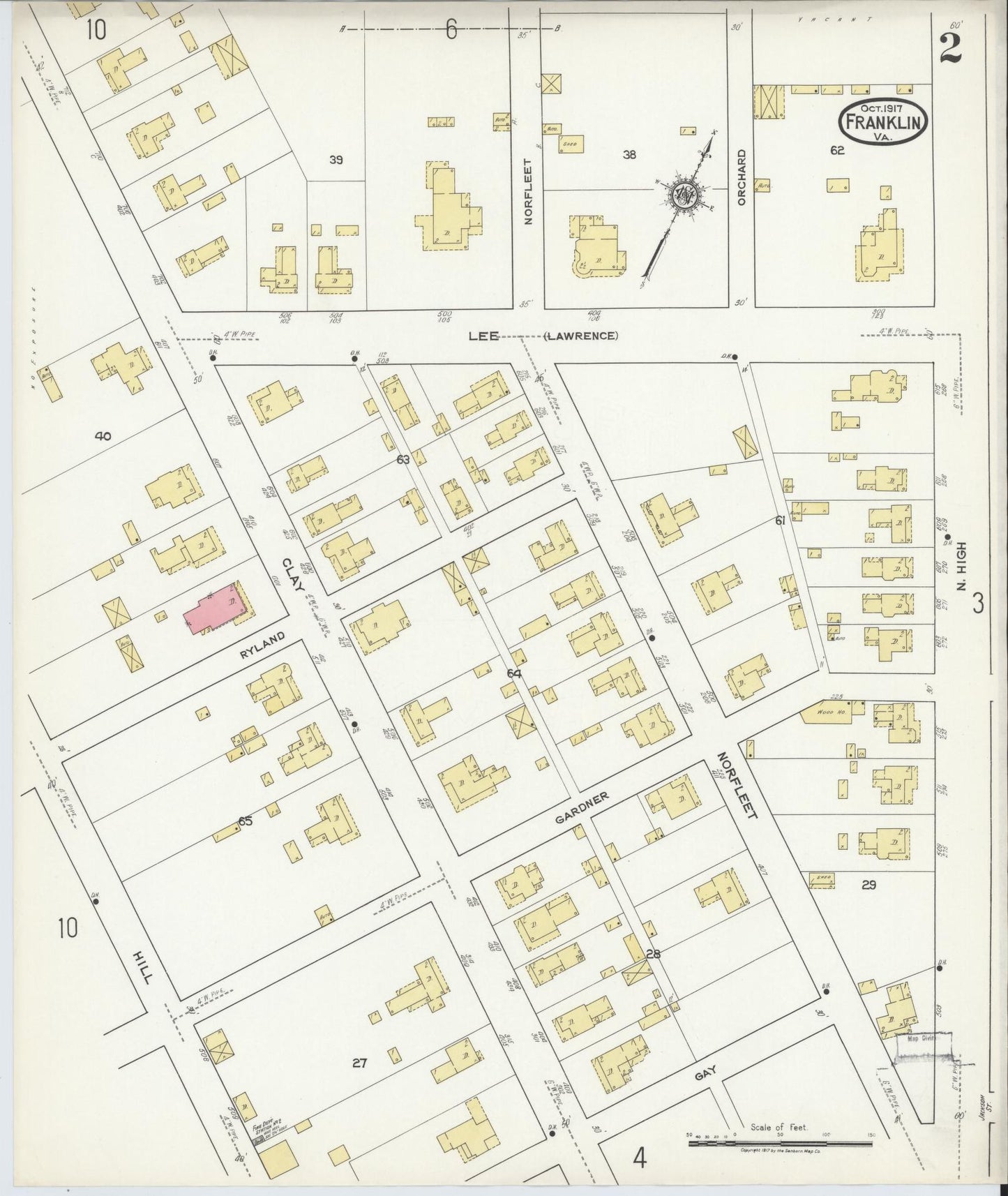 Sanborn Fire Insurance Map from Franklin, Independent Cities, Virginia (1917), Sheet #0002 - Complete Map Set gallery image, historic Sanborn map, vintage wall art, Virginia Virginia