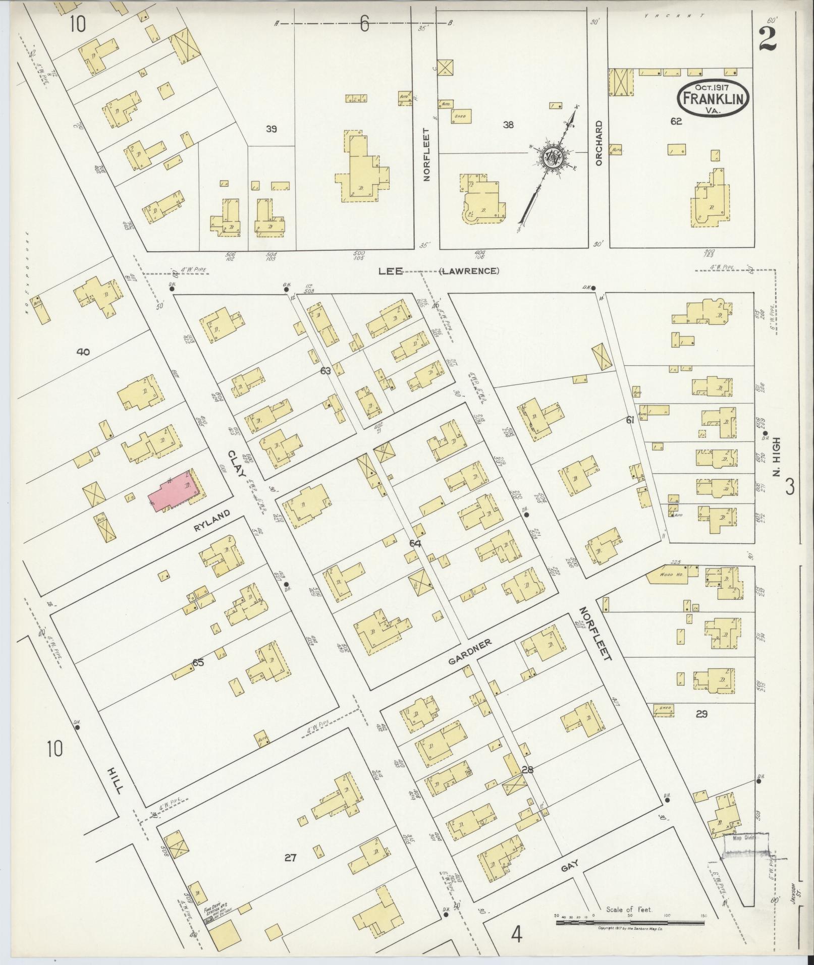 Sanborn Fire Insurance Map from Franklin, Independent Cities, Virginia (1917), Sheet #0002 - Complete Map Set gallery image, historic Sanborn map, vintage wall art, Virginia Virginia