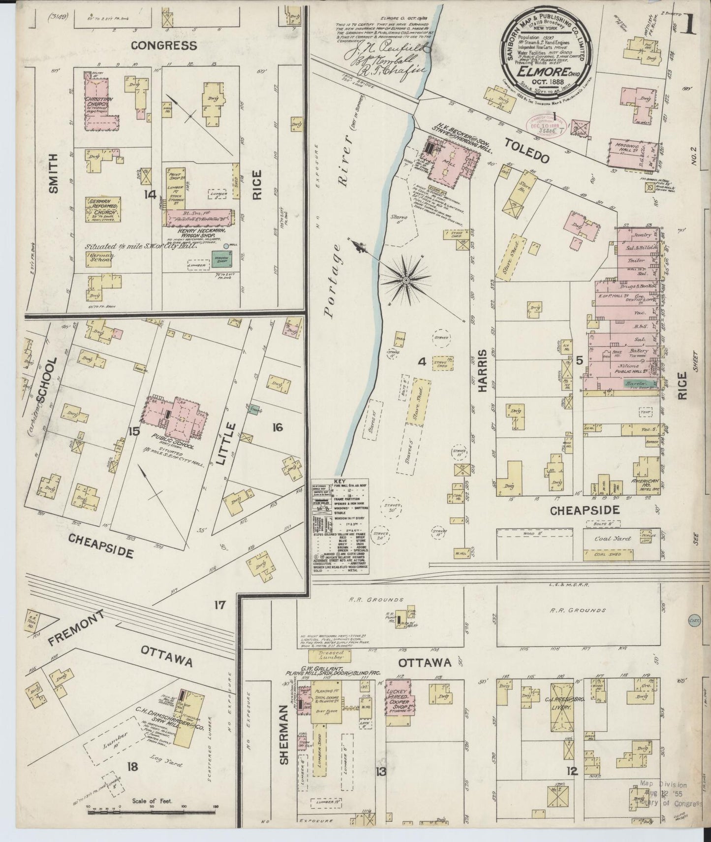 Sanborn Fire Insurance Map from Elmore, Ottawa County, Ohio (1888), Sheet #0001 - Historic Sanborn Fire Insurance Map Print, vintage old map wall art, antique decor, genealogy gift, Ohio Ohio map