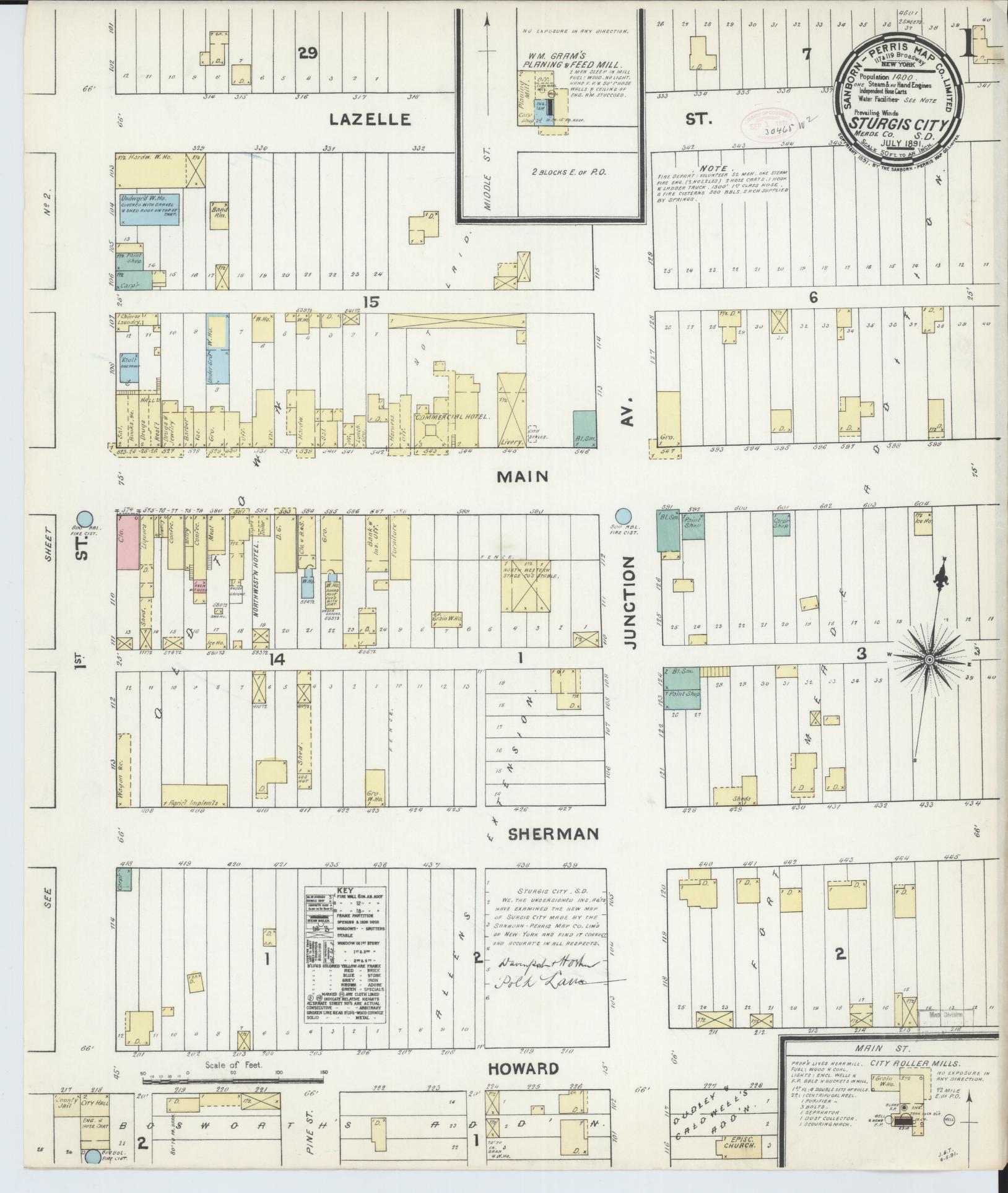 Sanborn Fire Insurance Map from Sturgis, Meade County, South Dakota (1891), Sheet #0001 - Historic Sanborn Fire Insurance Map Print, vintage old map wall art, antique decor, genealogy gift, South Dakota South Dakota map