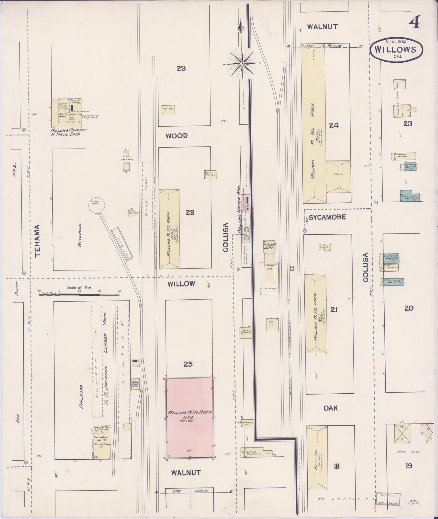 Sanborn Fire Insurance Map from Willows, Glenn County, California (1889), Sheet #0004 - Complete Map Set gallery image, historic Sanborn map, vintage wall art, California California