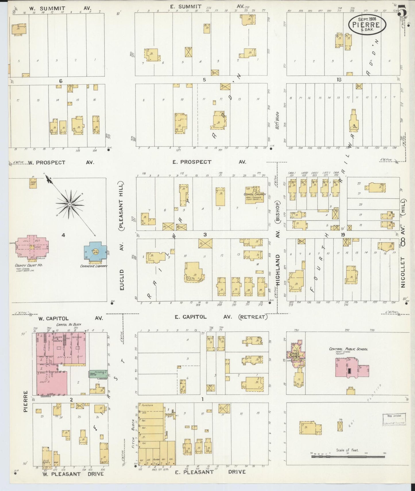 Sanborn Fire Insurance Map from Pierre, Hughes County, South Dakota (1908), Sheet #0005 - Complete Map Set gallery image, historic Sanborn map, vintage wall art, South Dakota South Dakota