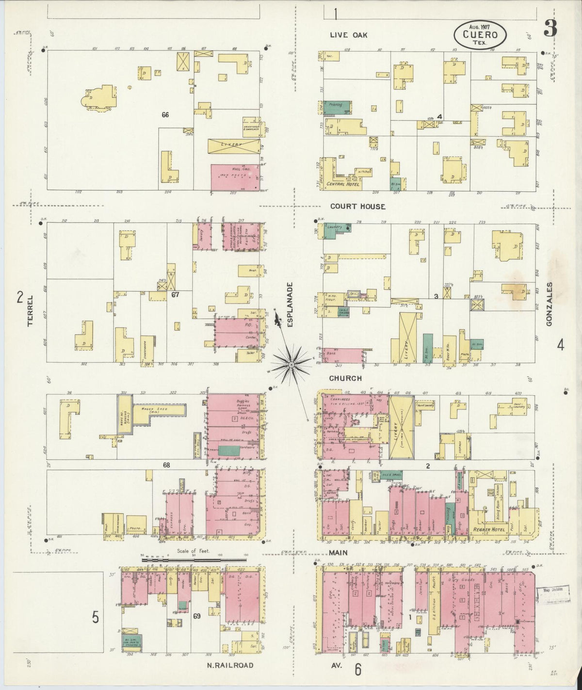 Sanborn Fire Insurance Map from Cuero, De Witt County, Texas (1907), Sheet #0003 - Historic Sanborn Fire Insurance Map Print, vintage old map wall art, antique decor, genealogy gift, Texas Texas map