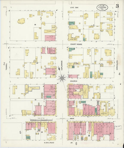 Sanborn Fire Insurance Map from Cuero, De Witt County, Texas (1907), Sheet #0003 - Historic Sanborn Fire Insurance Map Print, vintage old map wall art, antique decor, genealogy gift, Texas Texas map