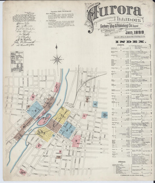 Sanborn Fire Insurance Map from Aurora, Kane County, Illinois (1888), Sheet #0001 - Historic Sanborn Fire Insurance Map Print, vintage old map wall art, antique decor, genealogy gift, Illinois Illinois map