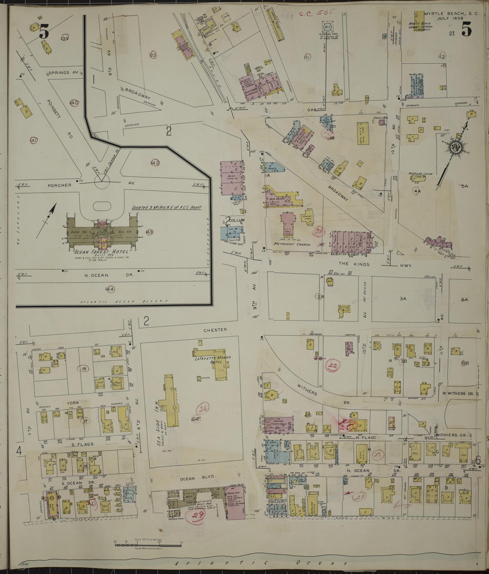 Sanborn Fire Insurance Map from Myrtle Beach, Horry County, South Carolina (1949), Sheet #0005 - Historic Sanborn Fire Insurance Map Print, vintage old map wall art, antique decor, genealogy gift, South Carolina South Carolina map