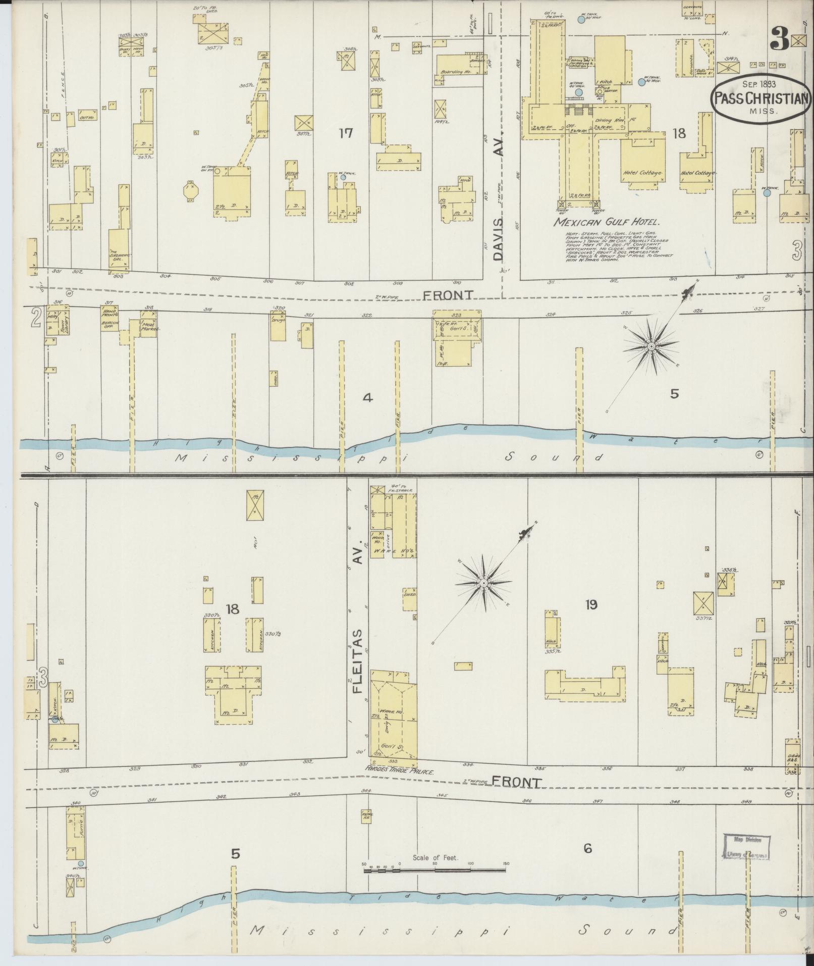 Sanborn Fire Insurance Map from Pass Christian, Harrison County, Mississippi (1893), Sheet #0003 - Historic Sanborn Fire Insurance Map Print, vintage old map wall art, antique decor, genealogy gift, Mississippi Mississippi map