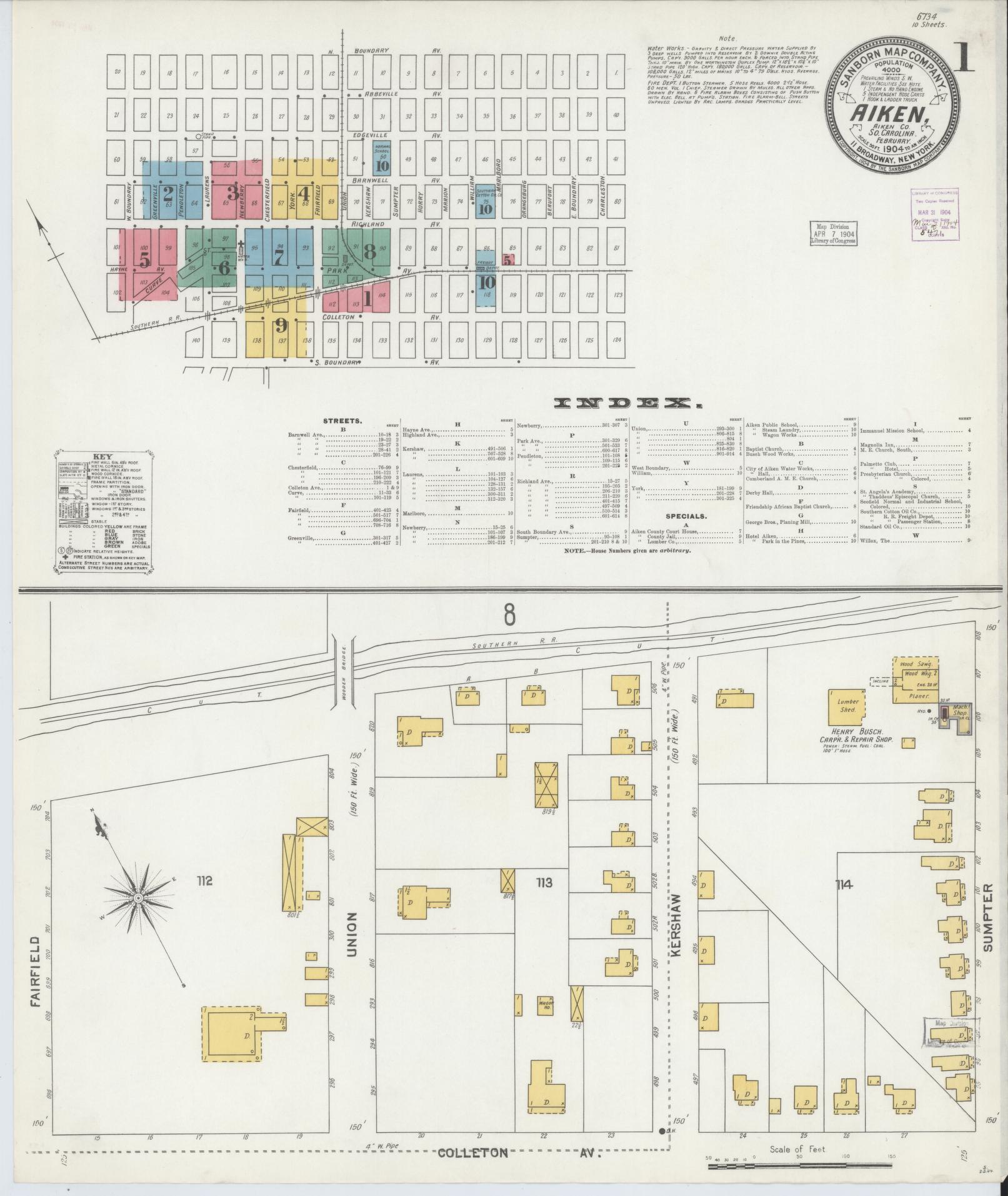 Sanborn Fire Insurance Map from Aiken, Aiken County, South Carolina (1904), Sheet #0001 - Historic Sanborn Fire Insurance Map Print, vintage old map wall art, antique decor, genealogy gift, South Carolina South Carolina map