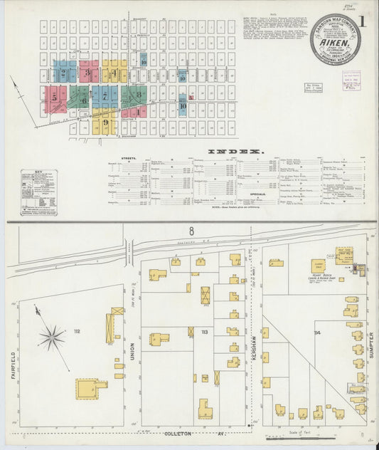 Sanborn Fire Insurance Map from Aiken, Aiken County, South Carolina (1904), Sheet #0001 - Historic Sanborn Fire Insurance Map Print, vintage old map wall art, antique decor, genealogy gift, South Carolina South Carolina map