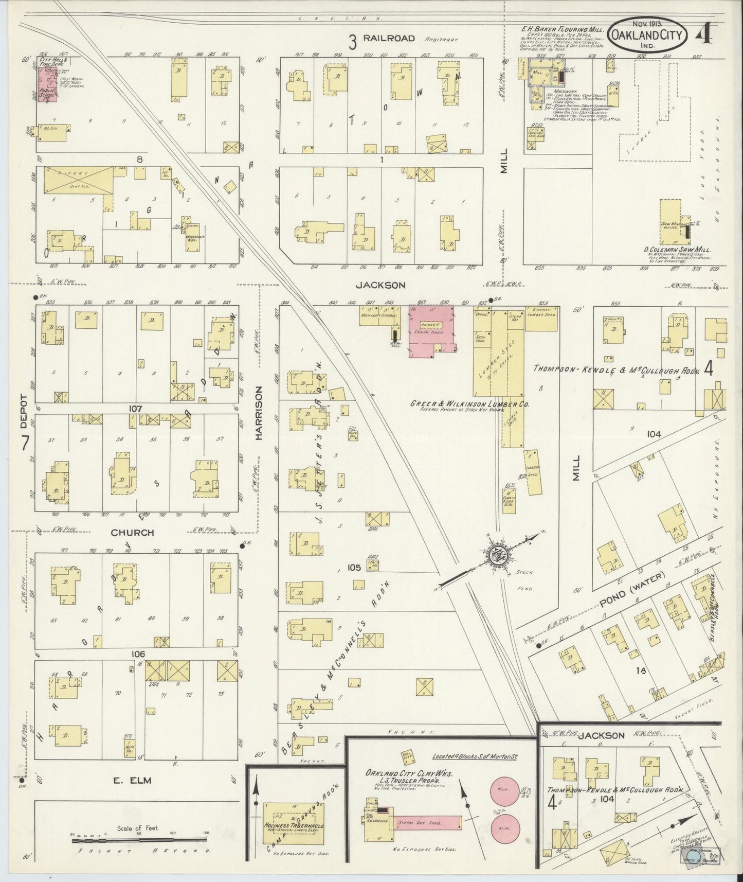 Sanborn Fire Insurance Map from Oakland City, Gibson County, Indiana (1913), Sheet #0004 - Complete Map Set gallery image, historic Sanborn map, vintage wall art, Indiana Indiana