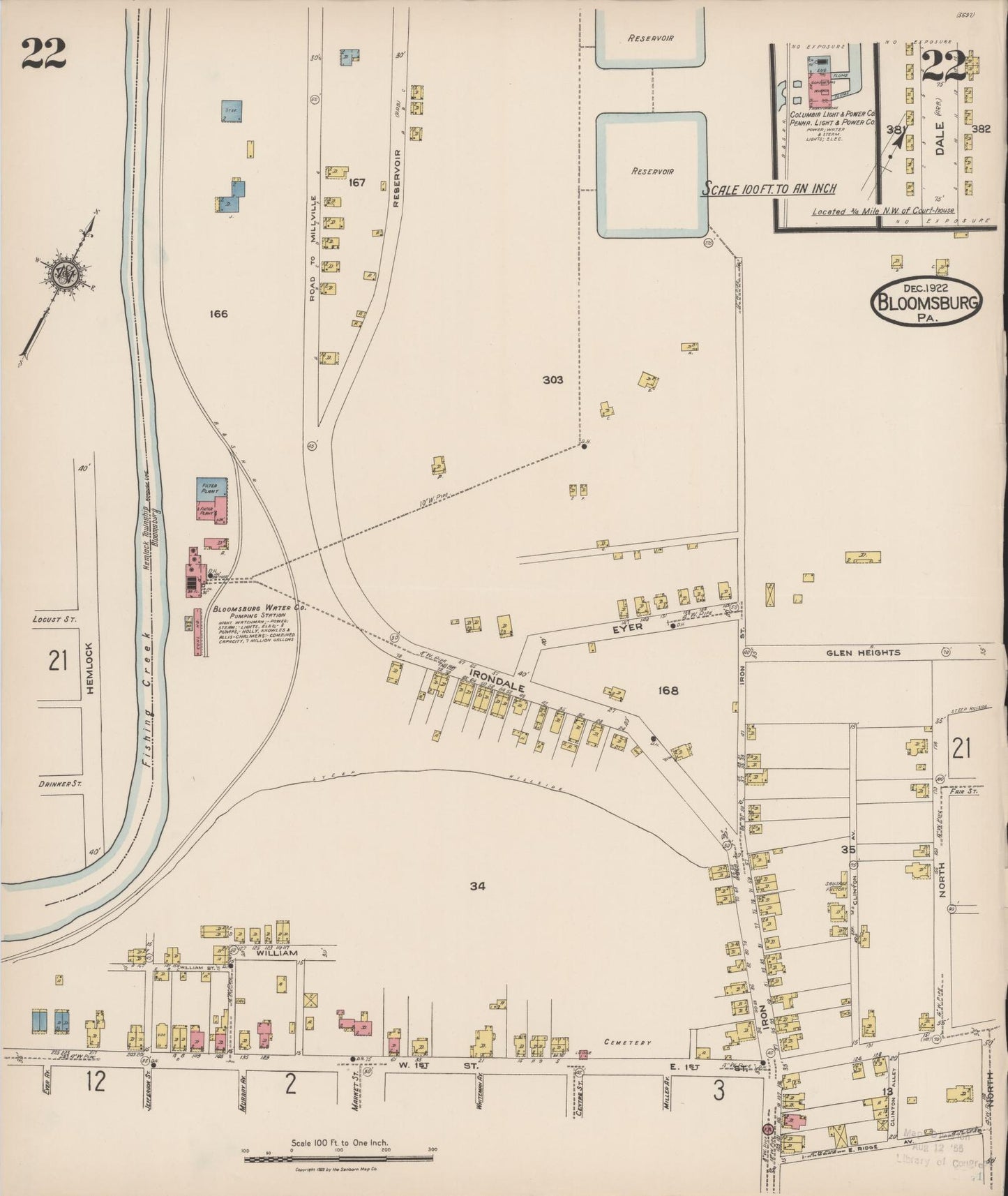 Sanborn Fire Insurance Map from Bloomsburg, Columbia County, Pennsylvania (1922), Sheet #0022 - Historic Sanborn Fire Insurance Map Print, vintage old map wall art, antique decor, genealogy gift, Pennsylvania Pennsylvania map