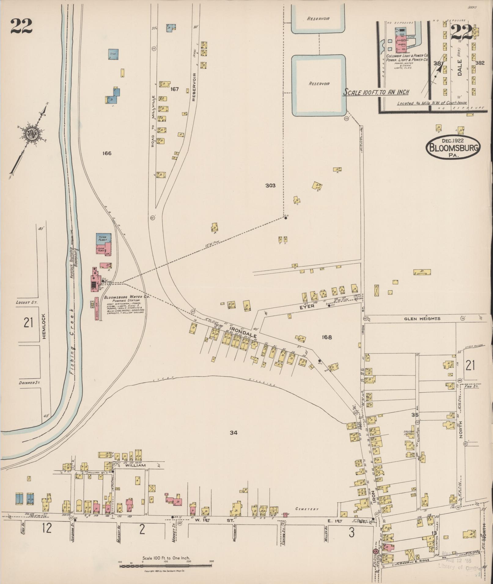 Sanborn Fire Insurance Map from Bloomsburg, Columbia County, Pennsylvania (1922), Sheet #0022 - Historic Sanborn Fire Insurance Map Print, vintage old map wall art, antique decor, genealogy gift, Pennsylvania Pennsylvania map