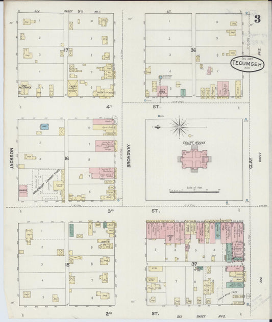 Sanborn Fire Insurance Map from Tecumseh, Johnson County, Nebraska (1889), Sheet #0003 - Historic Sanborn Fire Insurance Map Print, vintage old map wall art, antique decor, genealogy gift, Nebraska Nebraska map