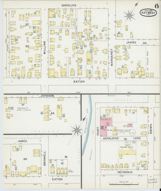 Sanborn Fire Insurance Map from Key West, Monroe County, Florida (1892), Sheet #0006 - Historic Sanborn Fire Insurance Map Print, vintage old map wall art, antique decor, genealogy gift, Florida Florida map