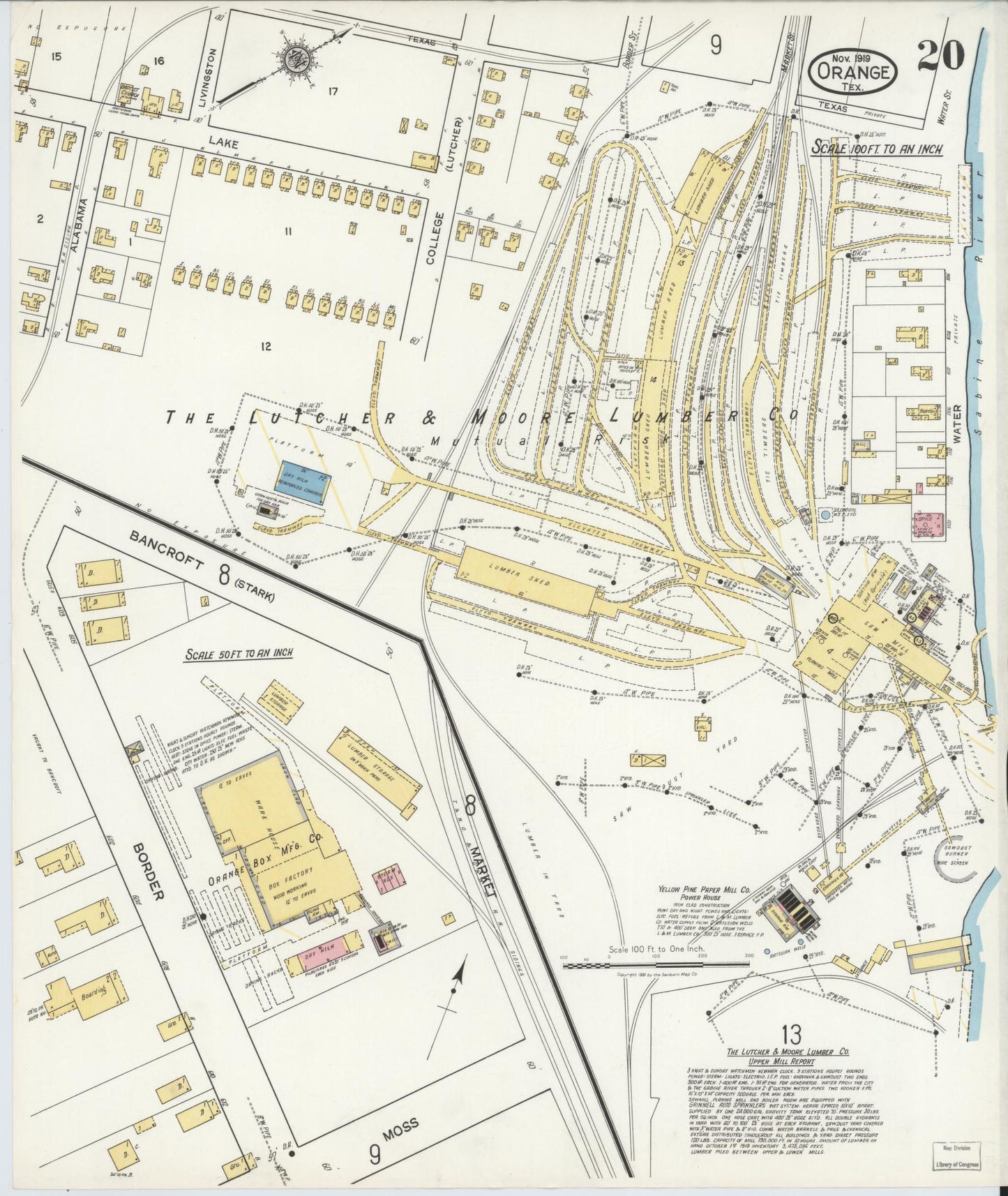 Sanborn Fire Insurance Map from Orange, Orange County, Texas (1919), Sheet #0020 - Historic Sanborn Fire Insurance Map Print, vintage old map wall art, antique decor, genealogy gift, Texas Texas map