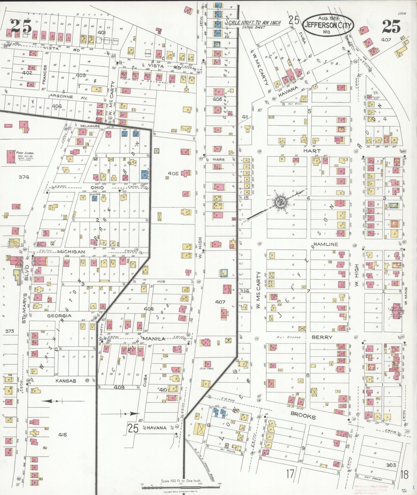 Sanborn Fire Insurance Map from Jefferson City, Cole County, Missouri (1923), Sheet #0025 - Complete Map Set gallery image, historic Sanborn map, vintage wall art, Missouri Missouri