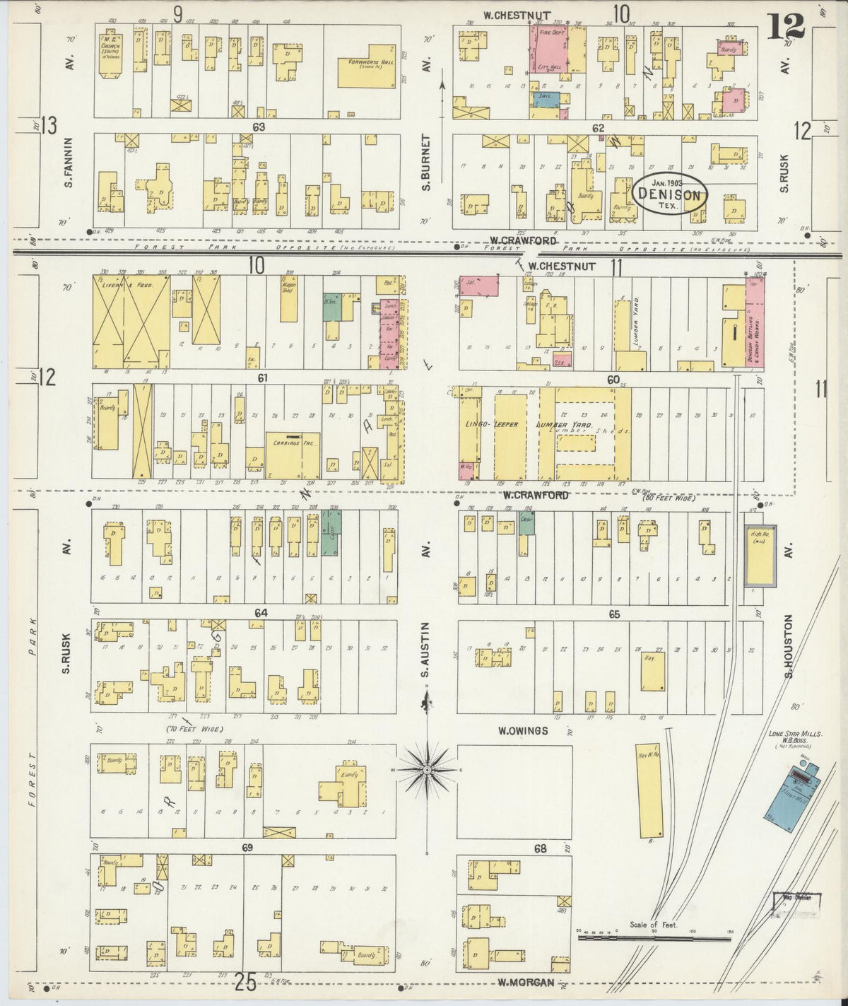 Sanborn Fire Insurance Map from Denison, Grayson County, Texas (1903), Sheet #0012 - Historic Sanborn Fire Insurance Map Print, vintage old map wall art, antique decor, genealogy gift, Texas Texas map