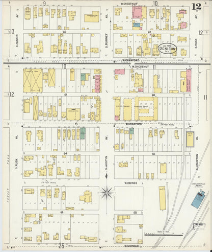 Sanborn Fire Insurance Map from Denison, Grayson County, Texas (1903), Sheet #0012 - Historic Sanborn Fire Insurance Map Print, vintage old map wall art, antique decor, genealogy gift, Texas Texas map