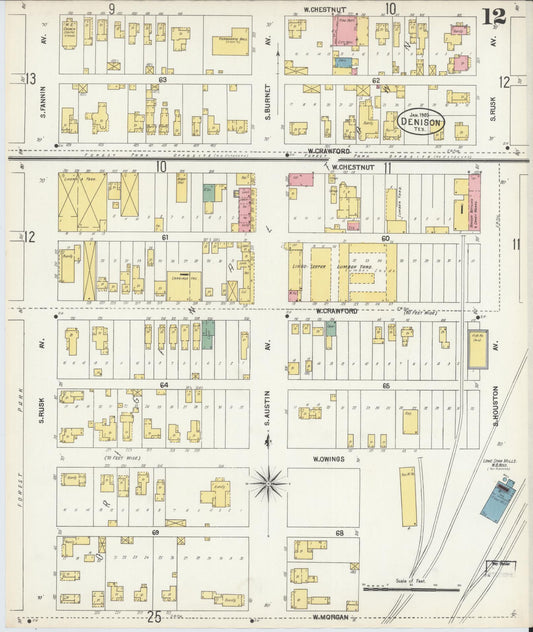 Sanborn Fire Insurance Map from Denison, Grayson County, Texas (1903), Sheet #0012 - Historic Sanborn Fire Insurance Map Print, vintage old map wall art, antique decor, genealogy gift, Texas Texas map