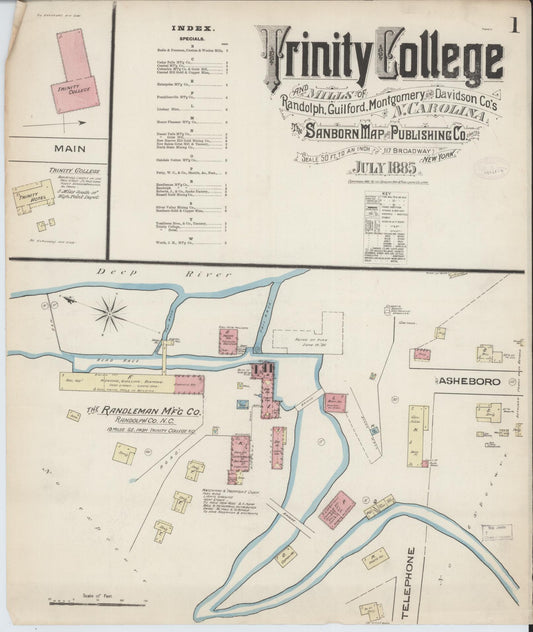 Sanborn Fire Insurance Map from Trinity College, Randolph County, North Carolina (1885), Sheet #0001 - Complete Map Set gallery image, historic Sanborn map, vintage wall art, North Carolina North Carolina