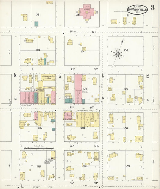 Sanborn Fire Insurance Map from McMinnville, Yamhill County, Oregon (1892), Sheet #0007 - Historic Sanborn Fire Insurance Map Print, vintage old map wall art, antique decor, genealogy gift, Oregon Oregon map