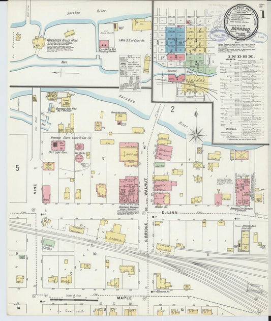 Sanborn Fire Insurance Map from Baraboo, Sauk County, Wisconsin (1898), Sheet #0001 - Historic Sanborn Fire Insurance Map Print, vintage old map wall art, antique decor, genealogy gift, Wisconsin Wisconsin map