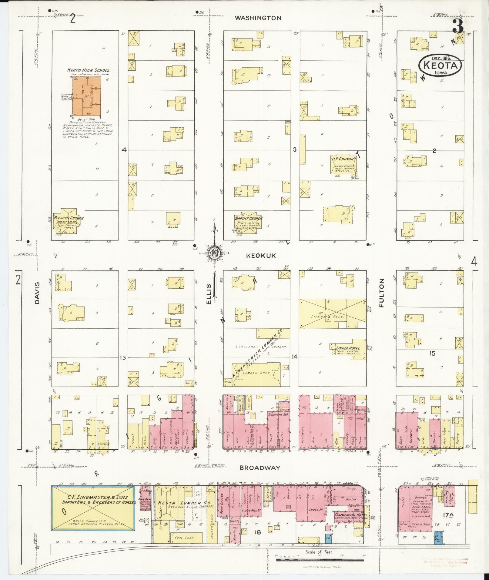 Sanborn Fire Insurance Map from Keota, Keokuk County, Iowa (1916), Sheet #0003 - Historic Sanborn Fire Insurance Map Print, vintage old map wall art