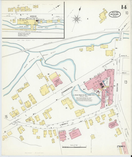 Sanborn Fire Insurance Map from Adams, Berkshire County, Massachusetts (1908), Sheet #0014 - Historic Sanborn Fire Insurance Map Print, vintage old map wall art, antique decor, genealogy gift, Massachusetts Massachusetts map