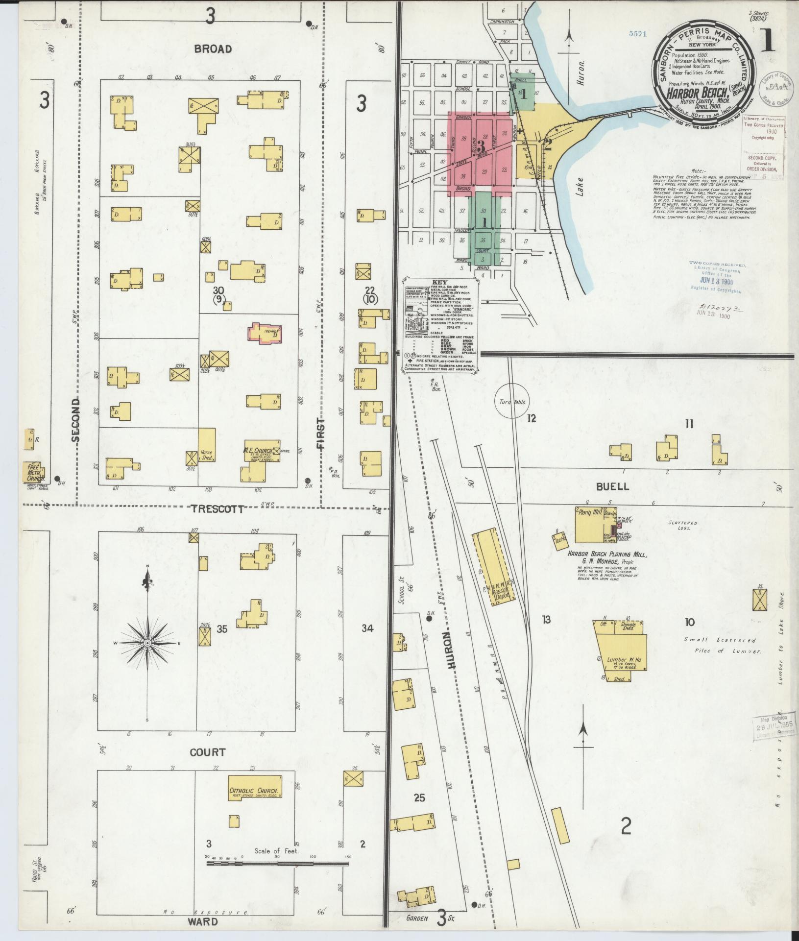 Sanborn Fire Insurance Map from Harbor Beach, Huron County, Michigan (1900), Sheet #0001 - Complete Map Set gallery image, historic Sanborn map, vintage wall art, Michigan Michigan